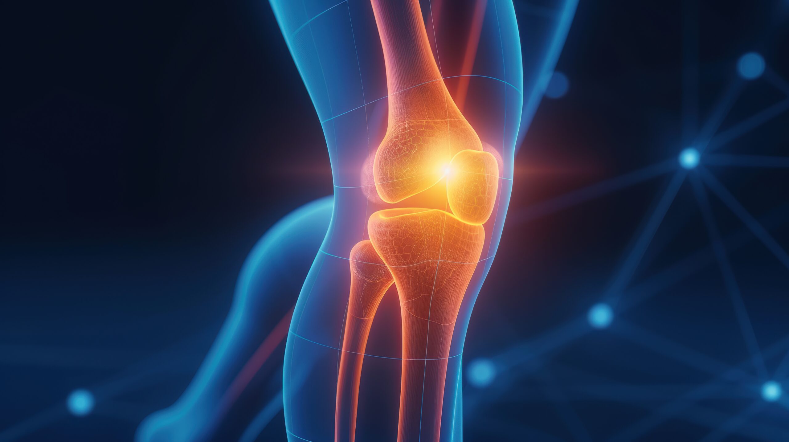 3D illustration of a human knee joint with highlighted pain area, representing medical or anatomical concepts related to joint pain or injury.